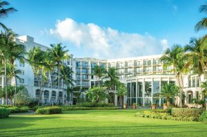 The exterior of Margaritaville Vacation Club by Wyndham - Rio Mar, a tropical and oceanfront timeshare resort.