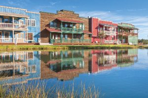 The exterior of the Old West-style Bison Ranch timeshare resort in Hunt, Texas.