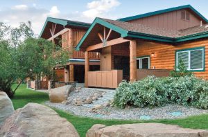 The exterior of WorldMark Estes Park, a cabin-style timeshare resort in Colorado.